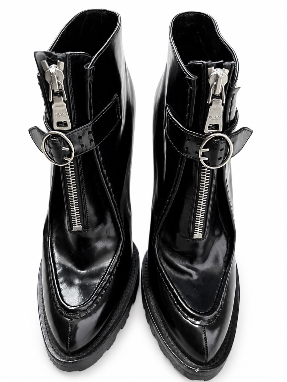 Prada Black Patent Leather Zip & Buckle Ankle Boots